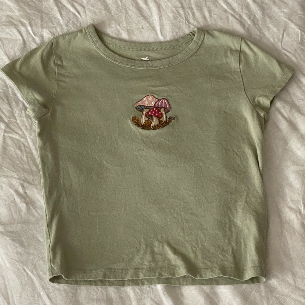 Hollister Sage Green Mushroom Embroidery Detail Baby Tee